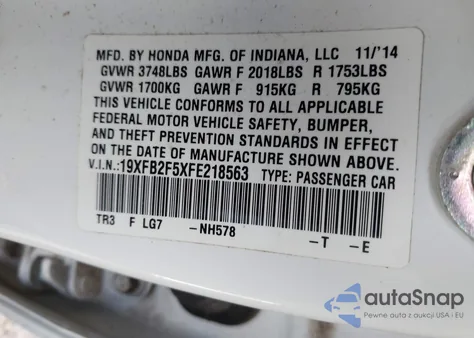 2015 Honda Civic Lx from USA, damaged, VIN 19XFB2F5XFE218563